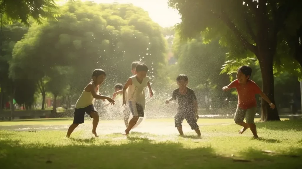 Kinder bewerfen sich mit Wasserbomben im Park beim Kindergeburtstag draußen
