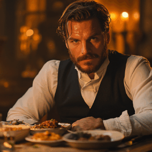 Victorian-style man sits at a festively laid table with candlelight and looks seriously into the camera - atmospheric scene from the criminal dinner.