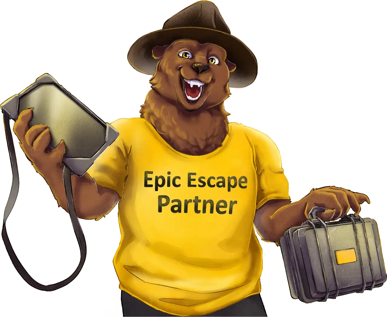 Das Epic Escape Maskottchens Euvi, ein Bär, im gelben T-Shirt mit Aufschrift ‚Epic Escape Partner‘, hält ein Tablet und einen Rätselkoffer in je einer Hand