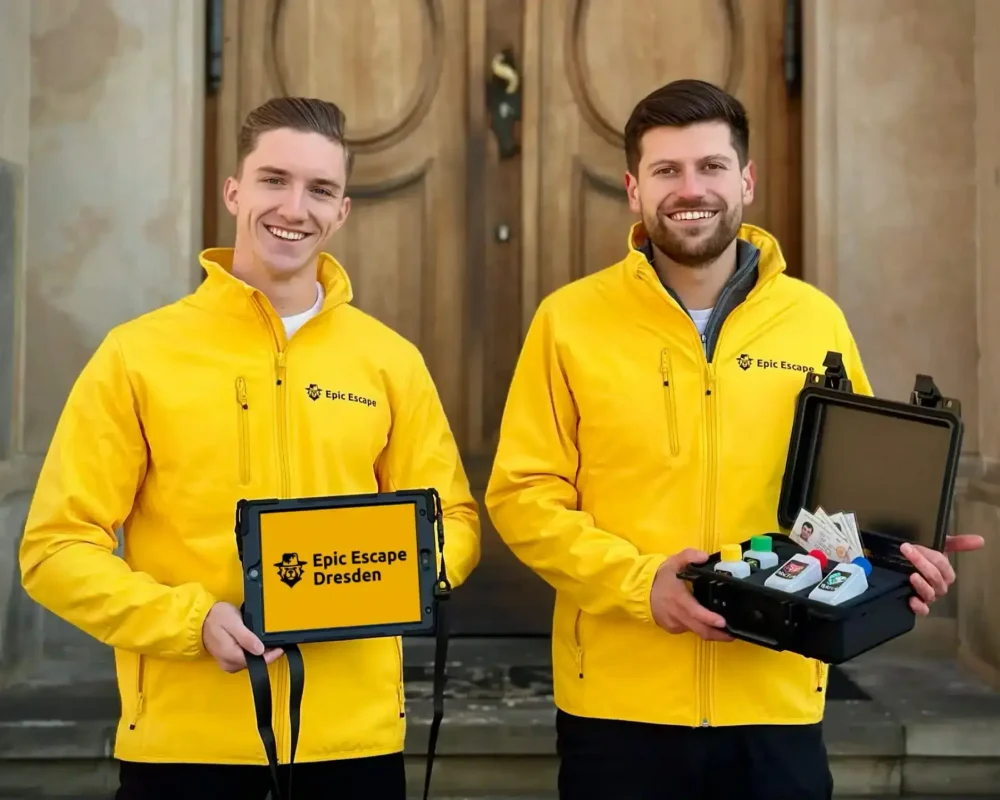 Marlon Würffel und Anton Ludewig - Epic Escape Gründerteam vor Dresdens Frauenkirche mit Rätselpaket