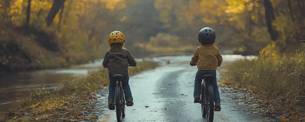 Kinder fahren Fahrrad entlang eines Flusses, perfekte Idee für einen aktiven Kindergeburtstag.