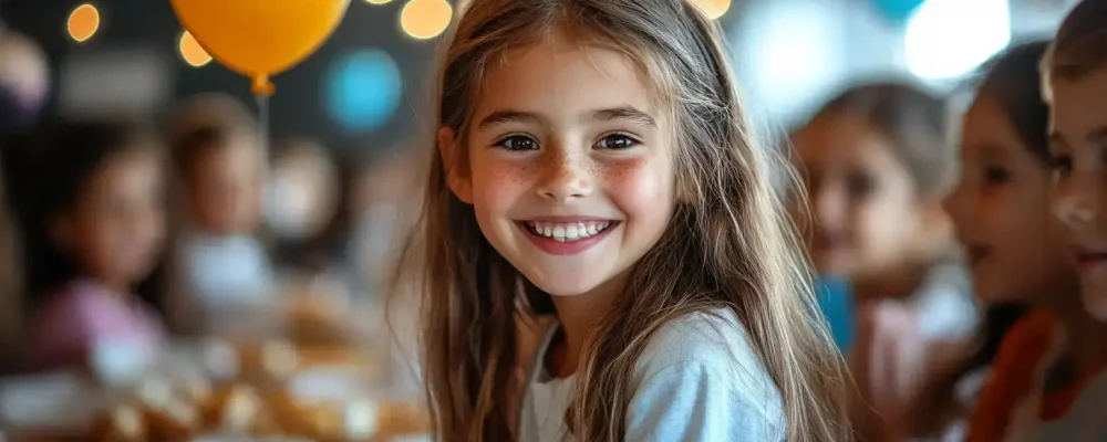 Fröhliches Mädchen bei einem Kindergeburtstag in Erfurt mit Dekoration und Snacks.