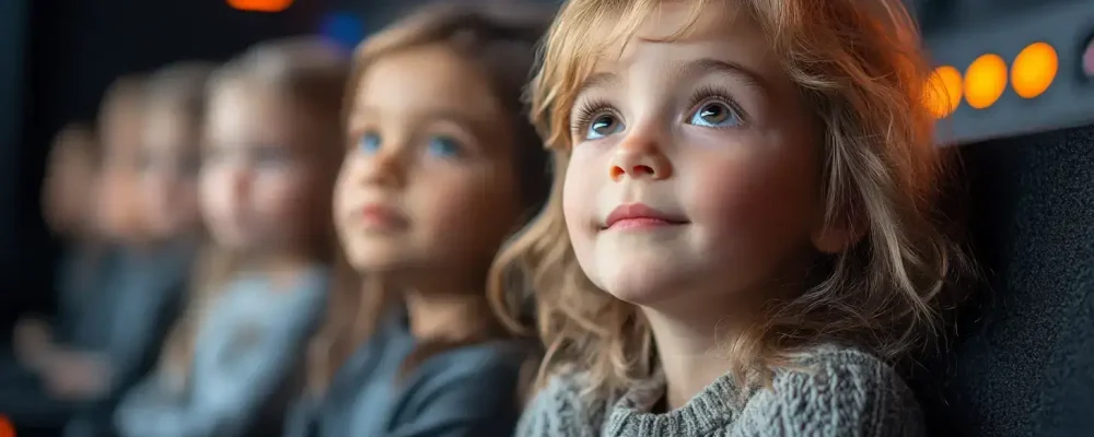 Kinder sitzen in einem Kino in Nürnberg und genießen einen spannenden Film als Teil eines unvergesslichen Kindergeburtstags.