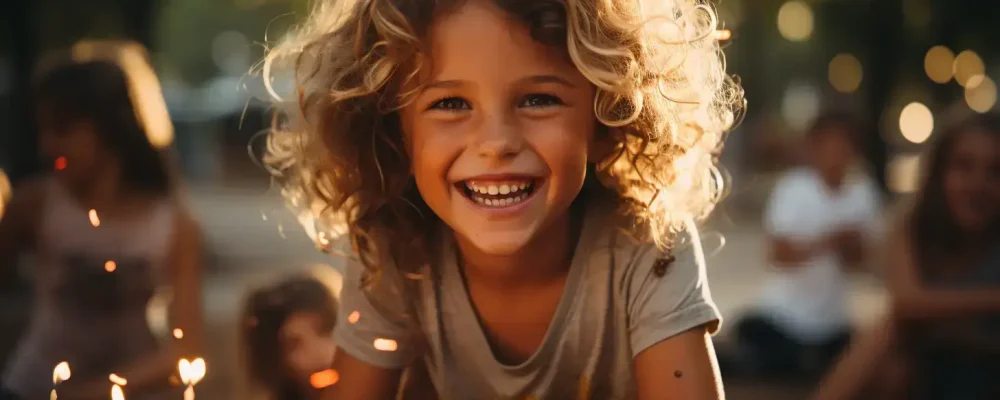 Strahlendes Kind, das einen Kindergeburtstag im Sommer in Nürnberg mit Outdoor-Spielen und Geburtstagskuchen feiert.