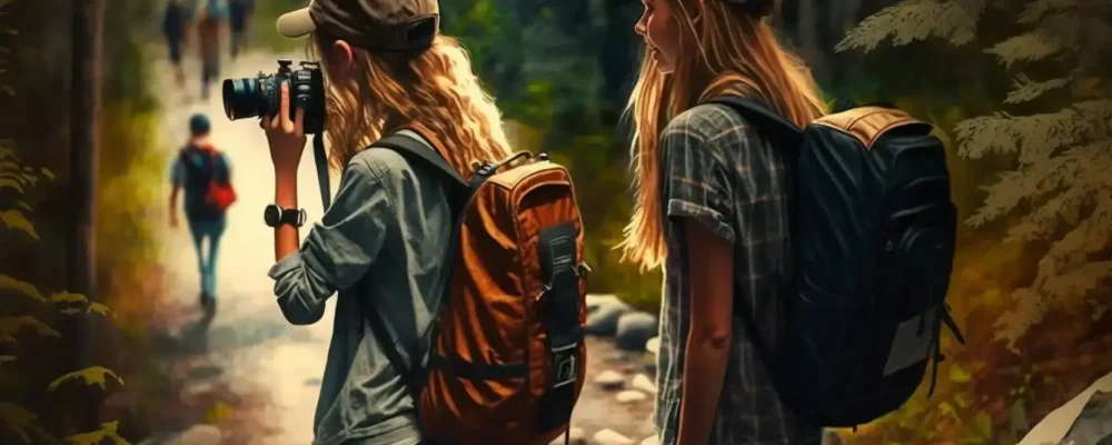 Schüler machen Fotografien im Wald bei Wandertag